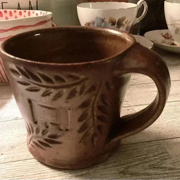 Penland 2015 Stone  Pottery Brown Coffee Nug with Chunky Handle  Leaves Pattern - Picture 5 of 10